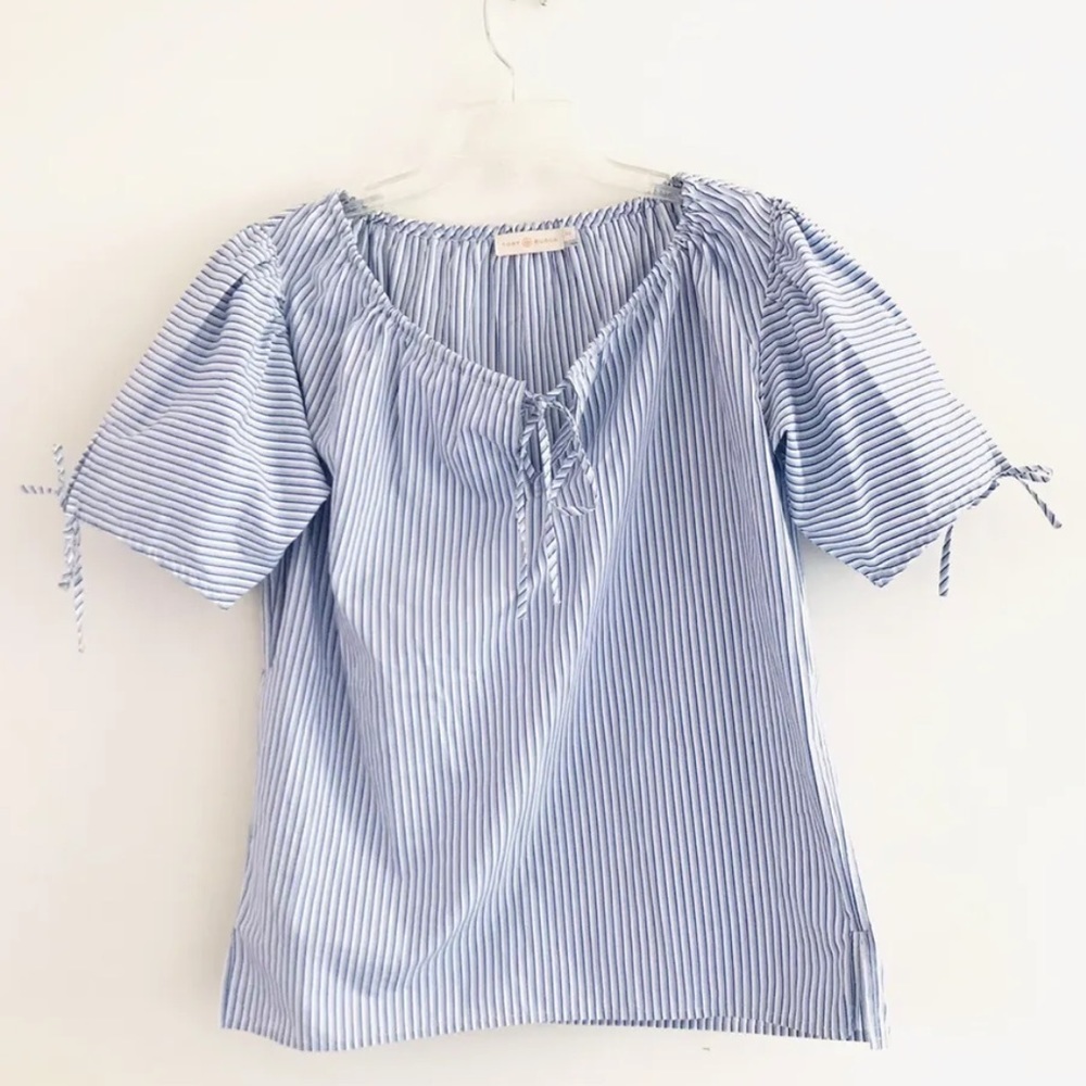Tory Burch | Ariana Drawstring Top Womens S Small Blue Ombre Stripe Short Sleeve
